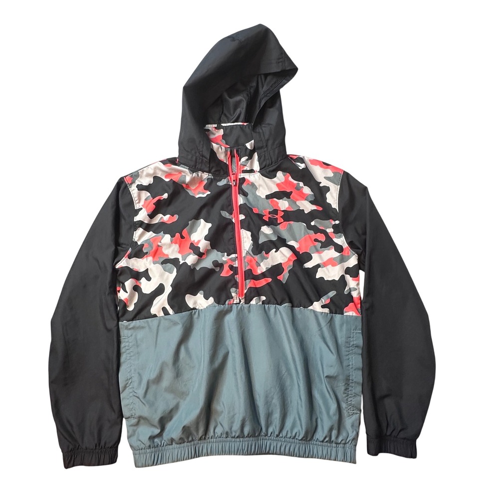 Under Armour Windbreaker Boys M Camo Gray‎ Black Orange Half Zip Hooded Jacket